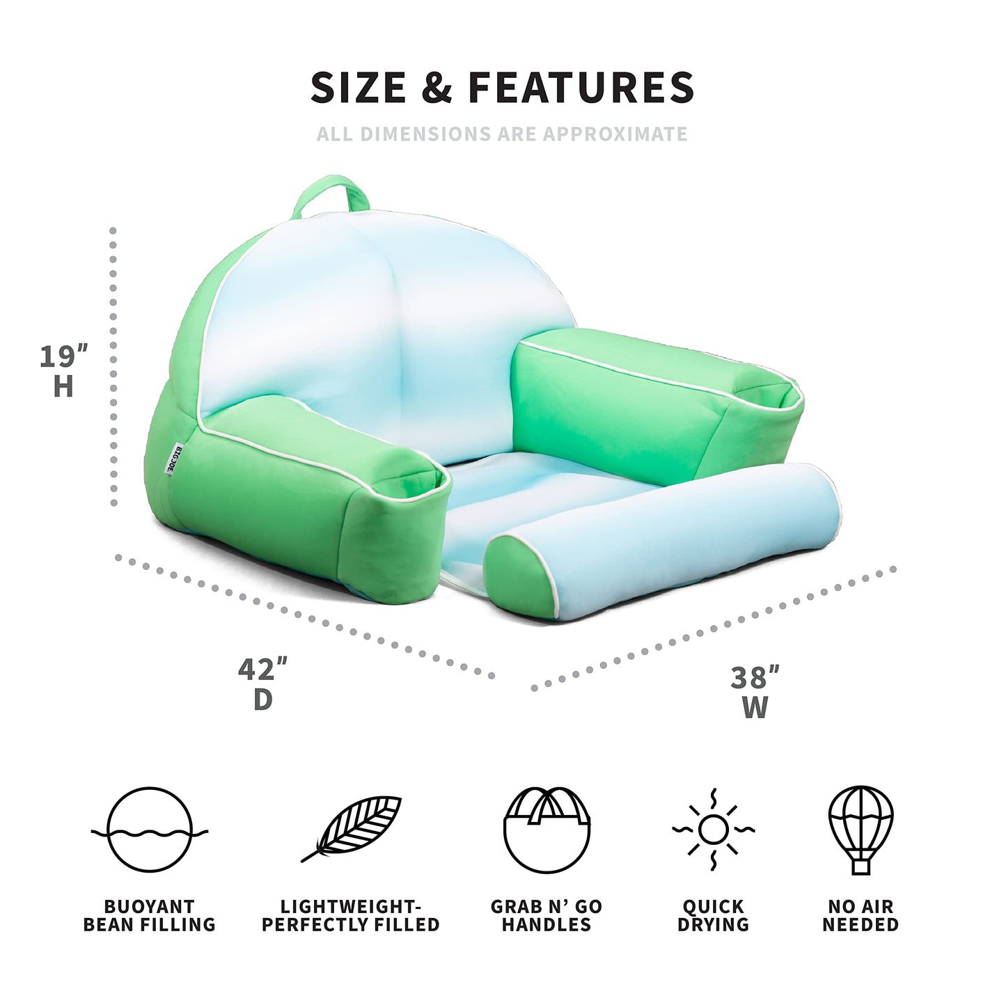 Big Joe Lazy Lounger No Inflation Needed Pool Float with Headrest and Footrest, Rolling Wave Aqua Double Sided Mesh, Quick Draining Fabric, 3.5 feet Lounger