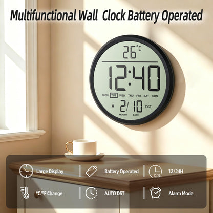 Maxstar Digital Wall Clock Battery Operated, 8 Inch Digital Clock with Date and Temperature, 12/24H, Seconds, Alarm, DST, Desktop/Wall Mounted for Home, Office, Bedroom(Black)