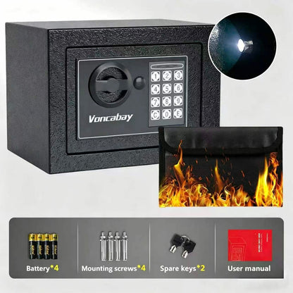 Voncabay Money Safe Box for Home with Sensor Light & Fireproof Money Bag - 0.23 Cubic Feet Security Safe Box with Digital Keypad, Keys & Pass Code Lock, 9.05" W x 6.69" D x 6.69" H, Black