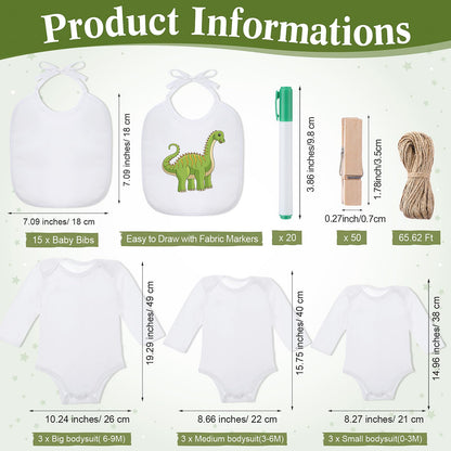 Hoosige 43 Pcs Baby Shower Games White Bodysuit Decorating Kit Bibs Design Games Prizes, Include Wooden Game Sign with 15 Blank White Bibs 15 Bodysuit 12 Marker for Shower