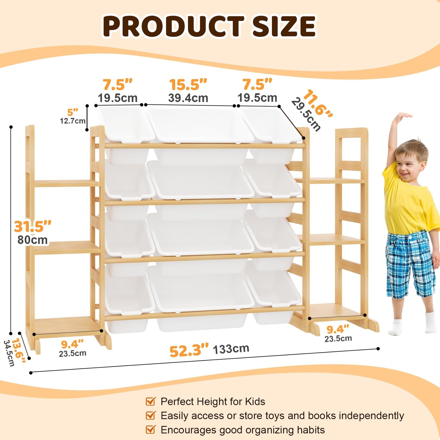 Ratulie Large Toy Storage Organizer Kids Toy Organizer and Bookshelf Combo with 12 Bins and 6 Shelves Toy Organization Box Toy Shelf for Playroom, Bedroom, Nursery