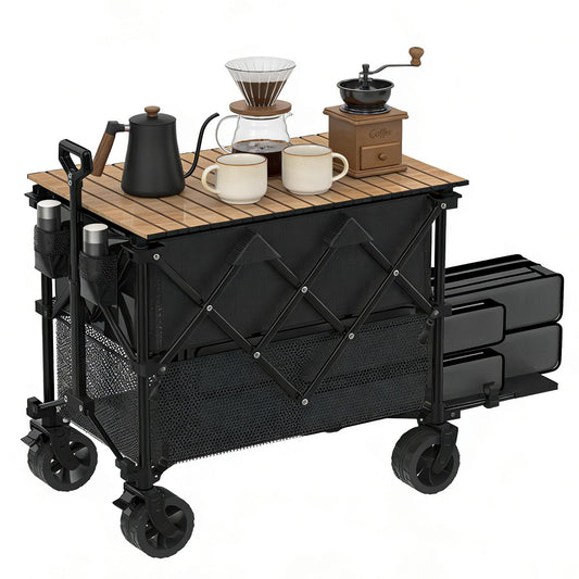 Double Decker Wagon with Table, 600lb 400L 54'' Extra Long Heavy Duty Wagons Carts Foldable with Tailgate, Utility Folding Cart Big All-Terrain Wheels with Brakes for Camping, Fishing, Beach, Outdoor