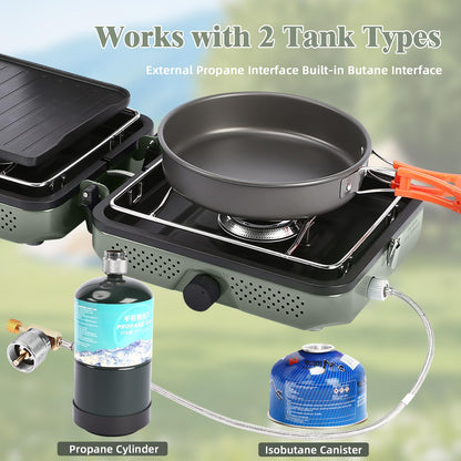 Hisencn 2 Burner Propane Camping Stove, 30000 BTU Foldable Portable Gas Stove with Cookware Set & Carry Bag, Outdoor Cooking for Camping, RV, Emergency Use, Green