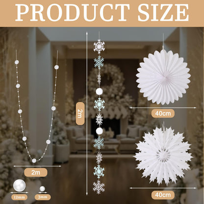 Suncalla 18 Pcs Winter Wonderland Snowflake Decorations Hanging Snowy Scene Landscape Party Ornament with Snow Garland Pearl String 15'' Snowflake Paper Fan for Winter Party Photo Props