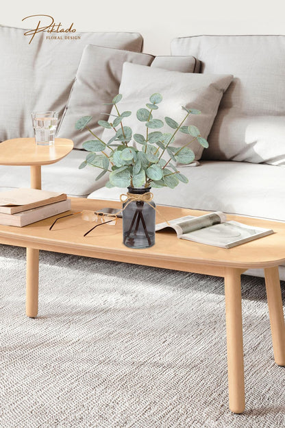 Piklado Artificial Eucalyptus Stems in Vase with Faux Water,Fake Plants for Bathroom,Coffee Table,Green Leaves for Centerpiece,Faux Greenery Plants Decorations.(Green-Black Bottle)