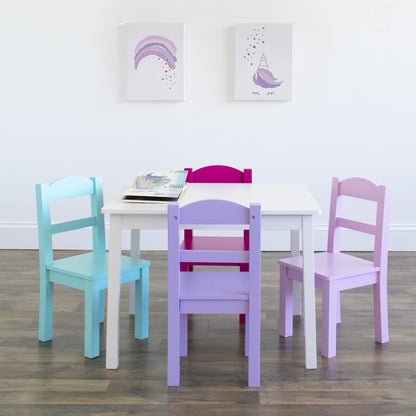 Humble Crew Kids Table and Chair Set, Toddler Activity Table with 4 Chairs for Play, Crafts, Snacks & Learning, Wooden Kids Furniture for Playroom & Bedroom, White/Pink/Purple/Aqua