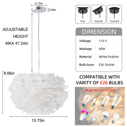 ZYLEISENBAO Chic White Feather Pendant Lights 15.8" Nordic Romantic Feather Chandeliers Mordern Dining Room Light Fluffy Hanging Lamp for Girl Bedroom Kitchen Island Laundry Study Room Porch