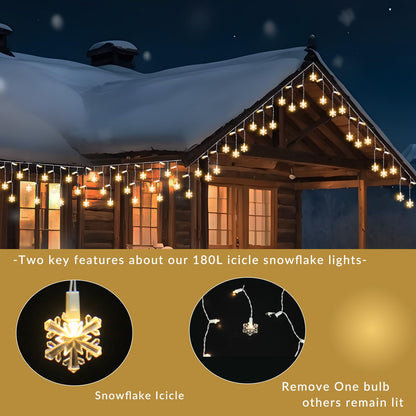 FESTIA Snowflake Curtain Icicle Christmas Lights -180 LED Warm White (≈3000K), 26.4ft Icicle Mini Lights, IP44 Waterproof,8 Modes Memory Function, Connectable Outdoor & Indoor Christmas Decorations