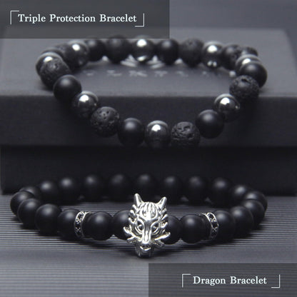 GDLKPYHS Black Obsidian Bracelets for Men - Dragon Bracelet - Tourmaline Beaded bracelets, 8MM Black Onyx Hematite Lava Stone Beads Triple Protection Bracelet for Men Women Gifts