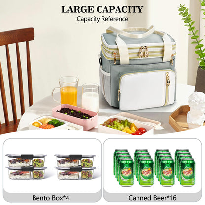 Lunch Box & Lunch Bag for Women Men, Expandable Large Insulated Adult Lunch Bag with Strap, Double Deck Leakproof Lunchbox Durable Cooler Bags for Work Picnic Beach,16L, Olive Green & White
