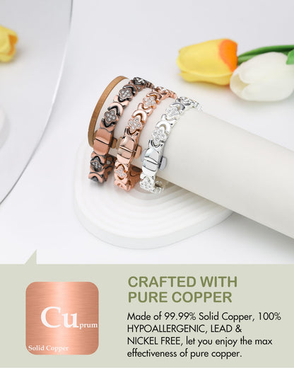 Feraco Pure Copper Bracelets for Women, 5X Ultra Strength Magnetic Bracelet with 5000 Gauss Magnets & Sparkling Cubic Zirconia, Upgraded Butterfly Clasp, Infinite Clover Jewelry Gift (Silver)