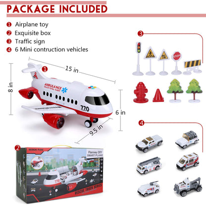 Acksonse Airplane Toy Kids Plane 15 Inches Large with Light and Sound for 3 4 5 6 7 Year Old Boys Girls Toddlers, Ambulance Aircraft Toy Vehicle Play Set with Traffic Signs and 6 Rescue Trucks
