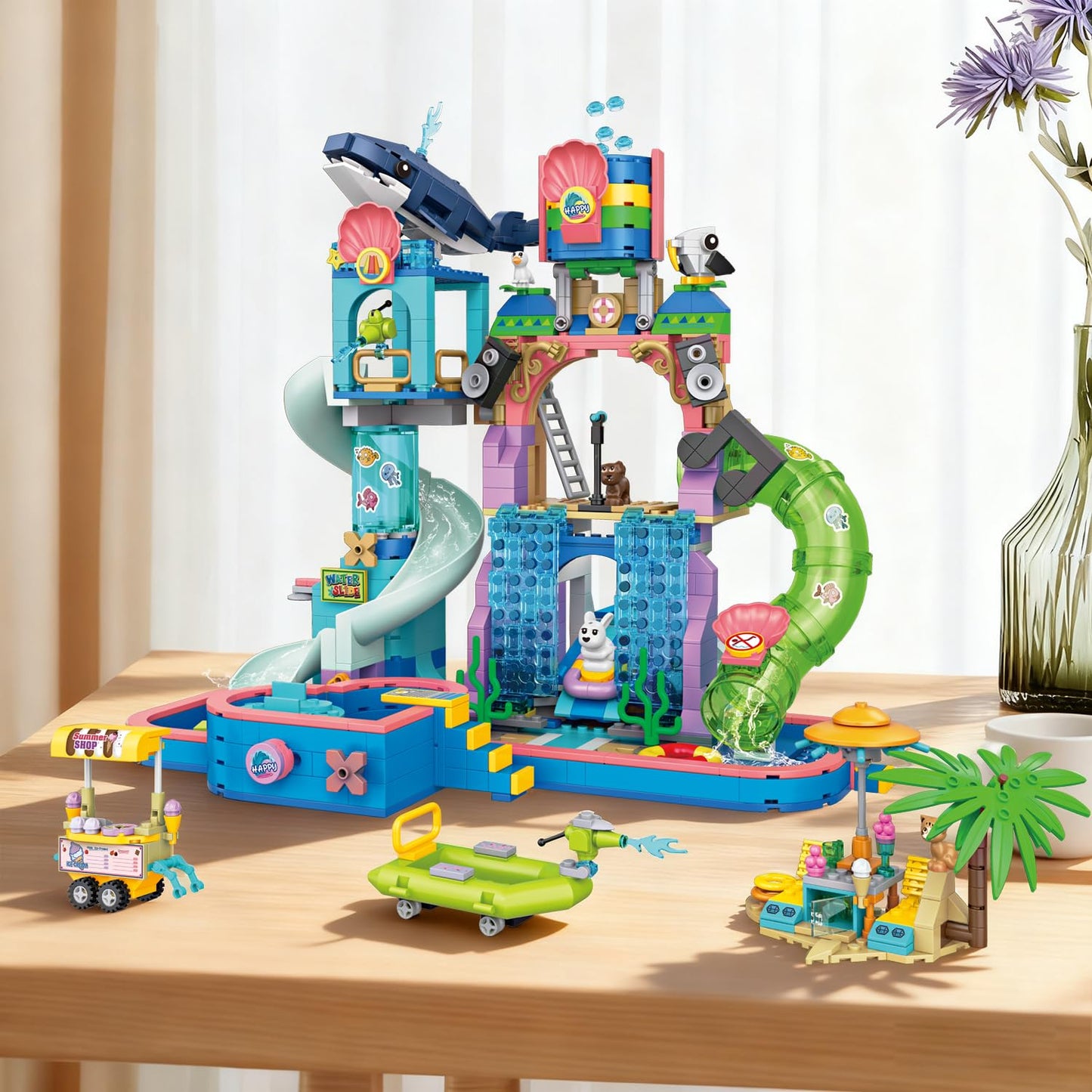 WinGift 1150Pcs Friends Water Park Building Set, STEM Summer Fun Party Toy with Swimming Pool Slides,Water Canons,Diving Platform,Animal, Pretend Play Kit for kids, Birthday Gifts for Girls Ages 6-12+