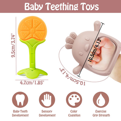 Teething Toys (5 Pack) - Tinabless Infant Teething Relief Toys&Teething Mitten Set, Food Grade Silicone Anti Dropping Wrist Hand Teethers Baby Chew Toys for Sucking Needs, Silicone Baby Teethers(Pink)