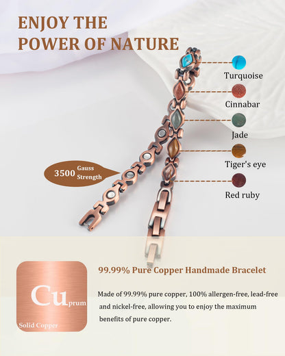EnerMagiX Copper Bracelets for Women, Pure Copper Adjustable Magnetic Jewelry Bracelet（0166A）