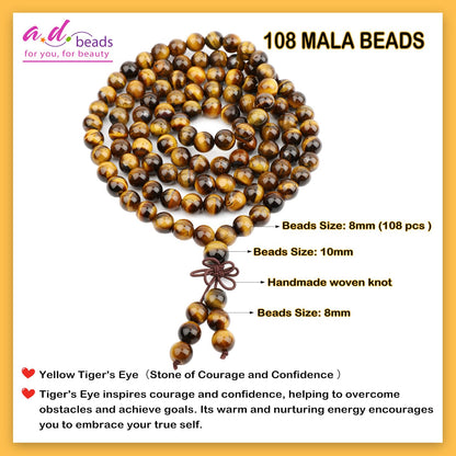 AD Beads 8mm 108 Prayer Mala Yellow Tiger's Eye Elastic Bracelet - Courage and Confidence - Handmade Yoga Meditation Healing Power Energy Gifts for Unisex Adult.