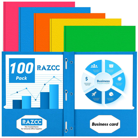 Two Pocket Folders, RAZCC 100 Pack Two Pocket with Prongs, 3 Prong Folders Fit Letter Size Paper, Pocket Paper File Folders for School Office Home Business, Assorted 5 Colors