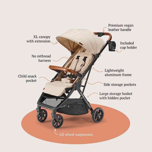 Bombi Bēbee V2 Lightweight Baby Stroller - Premium Vegan Leather, One-Hand Fold, Infinite Recline, Aircraft-Grade Aluminum Frame, XXL Canopy, and Ample Storage Umbrella Stroller - Sand