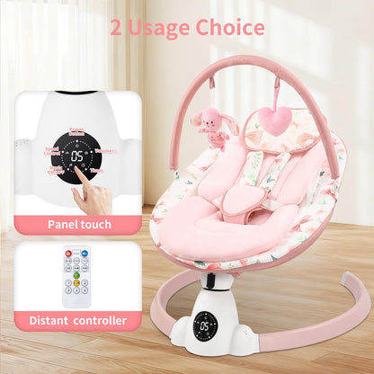 Baby Swing for Infants with 5 Swing Speeds, Portable Electric Baby Swing with Bluetooth, Remote Control & Touch Panel, 5-Point Harness, Indoor & Outdoor Use, Pink