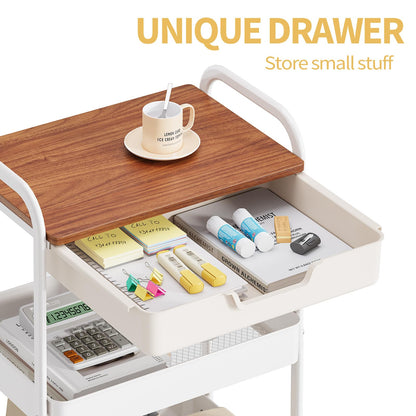 TOOLF 3 Tier Metal Utility Rolling Cart - White Storage Cart with Drawer and Wooden Table Top, Trolley Kitchen Organizer Rolling Desk with Locking Wheels for Office, Classroom, Home, Bedroom