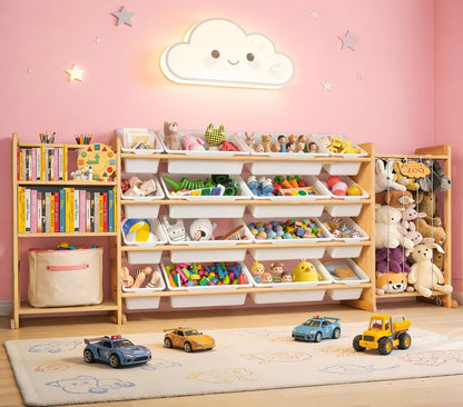 Yazzropt 81" Large Toy Storage Organizer with Bins Shelves & Stuffed Animal Storage for Kids Wood Toddler Playroom Organization with Bookshelf Toys Box Wooden Organizers for Kids Room Nursery Bedroom