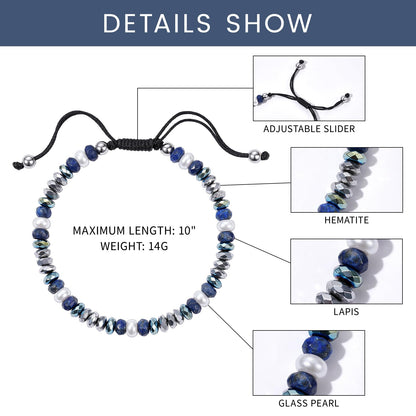 Holamonte Natural Stone Beaded Bracelets for Men, Tigereye Bead Link Bracelet, Adjustable Retractable Cord, Men's Chakra Protection Lapis Hematite Glass Pearl Bracelet, Ideal Gift (Blue)