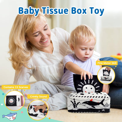 Dulsaera Montessori Toys 7 in 1 Learning Educational Set Newborn Toys, Rainbow Ball, Baby Black and White Books, Tissue Box Toy, Spinning Drum, Rattle Toy