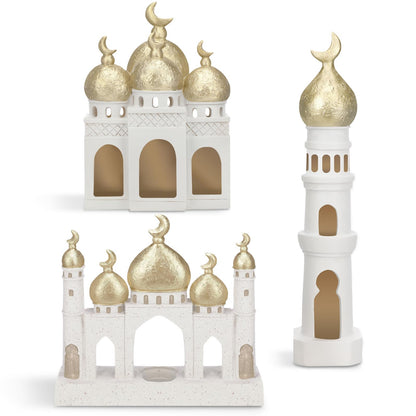 Bucherry 3 Pcs Eid Mubarak Decorations Gold and White Decorative Mosque Tower Ornaments for Home Display Islamic Gift Eid Mubarak Ramadan Table Decor for Muslim Party
