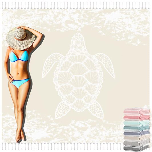 Yongoes Oversized Turkish Beach Towel Blanket Cotton Giant XL Sandproof Towels Huge Linen XXL Extra Large Big Throw Quilt Blankets for Adults Beige Turtle