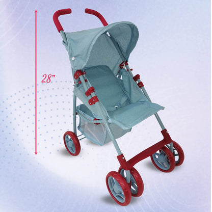 Baby Doll Stroller for Toddler Girls & Big Kids 6-8 Years Old | 28” Baby Stroller for Dolls, Toy Baby Stroller with Cute Ligh Denim Fabric, Mesh Storage Basket, Canopy, Handle Grips, Swivel Wheels