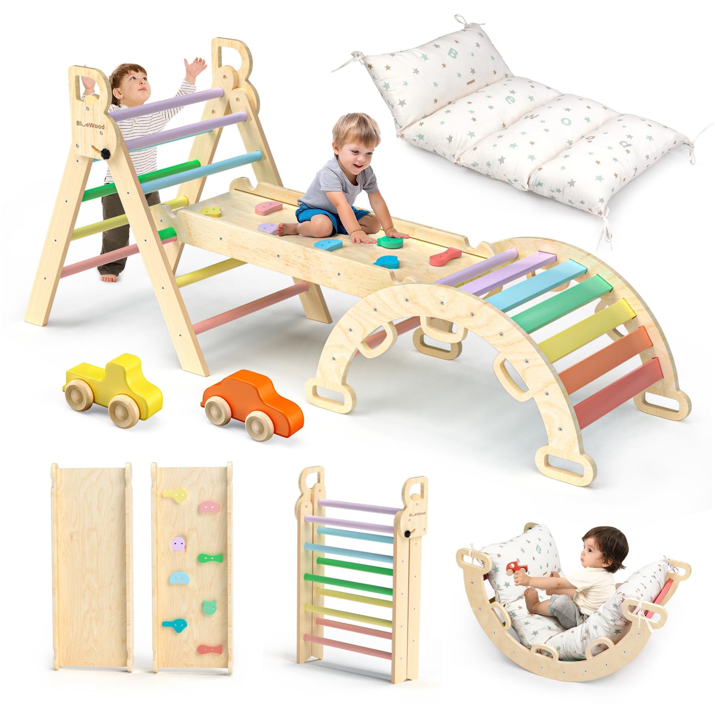 BlueWood Pikler Triangle Set with Cushion - Climbing Toys for Toddlers 9-in-1, Montessori Philosophy Play Jungle Gym with Arch, Ramp, Ladder (Rainbow)