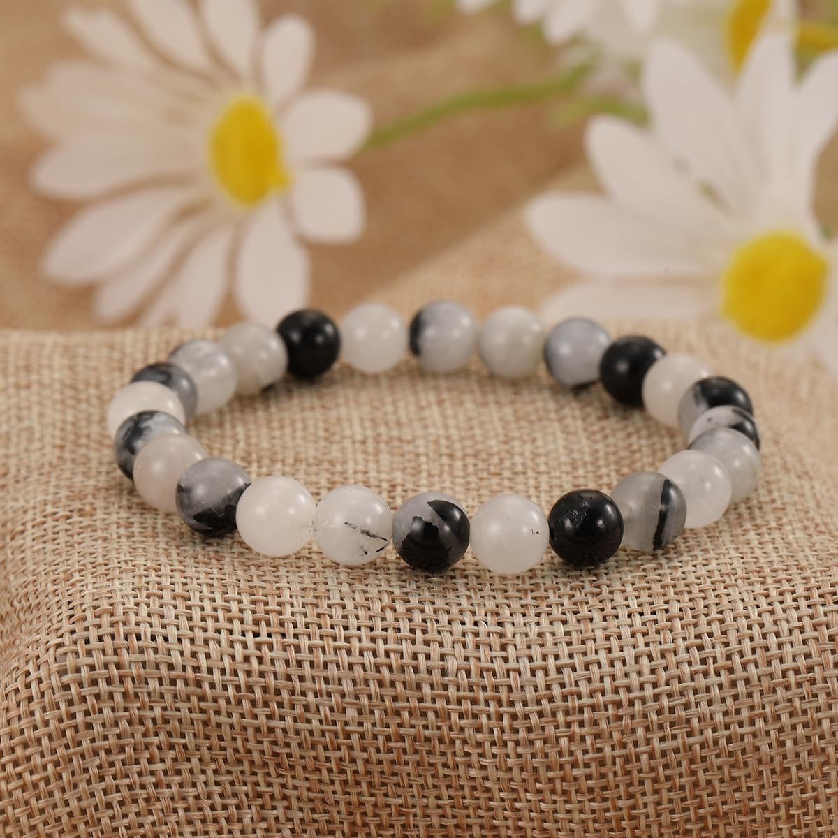Crystal Vibe Manifestation Bracelet - Handmade Natural Black Rutile Tourmaline Quartz Stone 8mm Beaded Bracelet - Yoga Bracelet Gift for Him Her - Elastic Adjustable Size