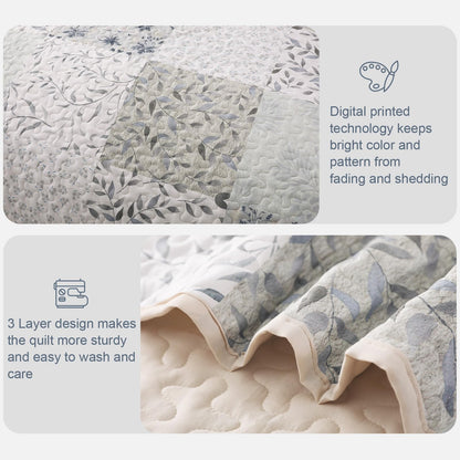 Exclusivo Mezcla Reversible Boho Quilts Queen Size, Gray Bedspreads Lightweight Coverlet All Season Patchwork Quilt Bedding Set with Printed Floral Pattern (1 Quilt, 2 Pillow Shams)