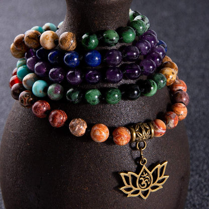 Bivei 7 Chakra 108 Mala Beads Bracelet Real Gemstone Yoga Meditation Hand Knotted Mala Prayer Bead Necklace(Lotus OM-6mm beads)