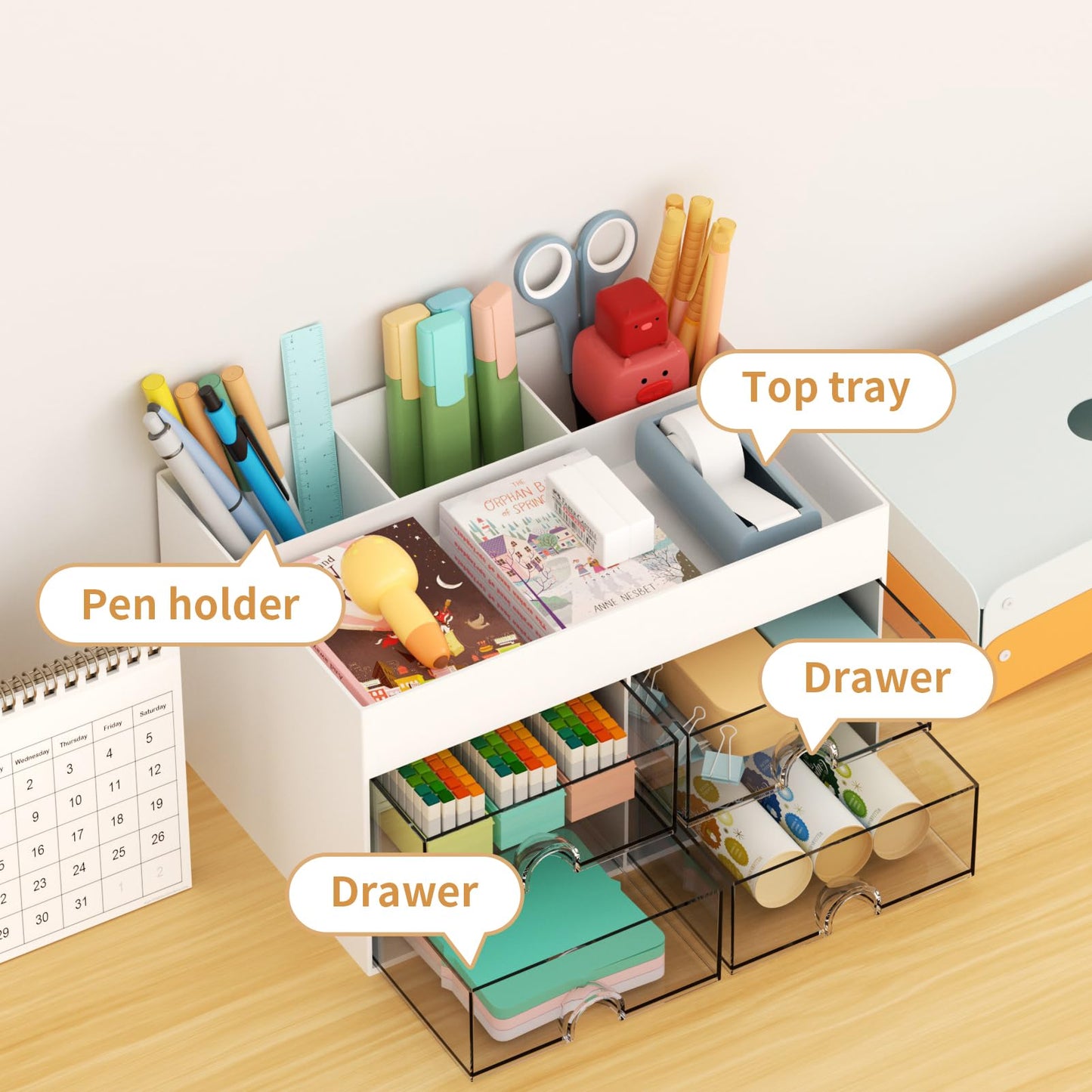 Marbrasse Pen Organizer with 4 Drawer, Multi-Functional Pencil Holder for Desk, Desk Organizers and Accessories with 4 Compartments + Drawer for Office Art Supplies (White)