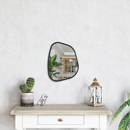 HLFMVWE Asymmetrical Mirror for Wall Irregular Oval Wood Frame Modern Unique Accent Wall Mirror Decorative Vanity Bathroom Living Room Bedroom Entryway Hallway Artistic Wavy Mirror Small 14"x10"