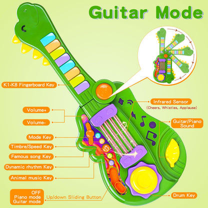 Dinosaur Kids Guitar 2-in-1 Musical Instruments for 3 4 5 Year Old Boys Girls Gifts, Toddler Electric Guitar Piano Toy with Strap & Dino Design (Green)