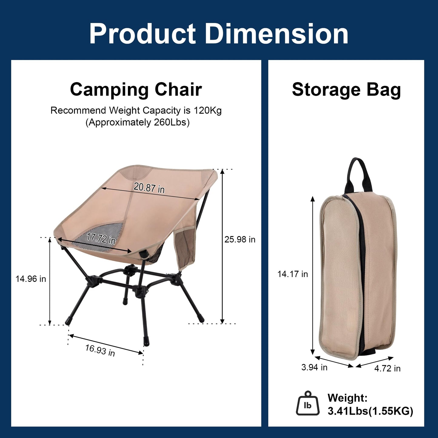 TlaroRiz Camping Chair Portable Lightweight Camping Chairs for Adults Foldable 600D Oxford Ultralight Backpacking Chair with Breathable Mesh and Pocket for Outdoor Travel Hiking,Beige
