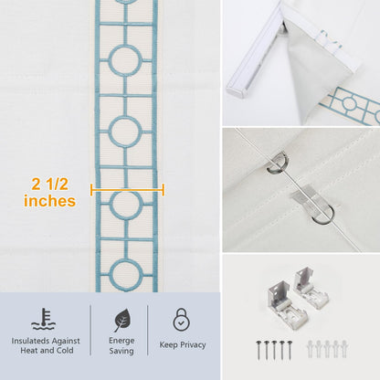 Cordless Roman Shades, Blackout Roman Shades, White Embroidered Blue Border Window Shades for Windows, Doors, Kitchen Windows