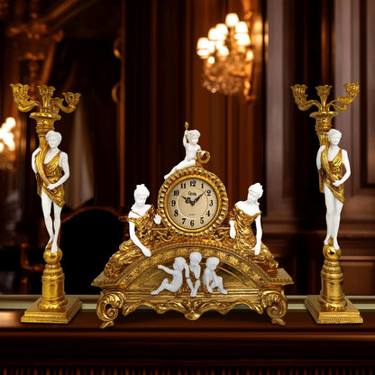GENUINQ Clock Ornate Rococo Style Mantel Clock with Candelabras Candle Holders Gold for Home Decor