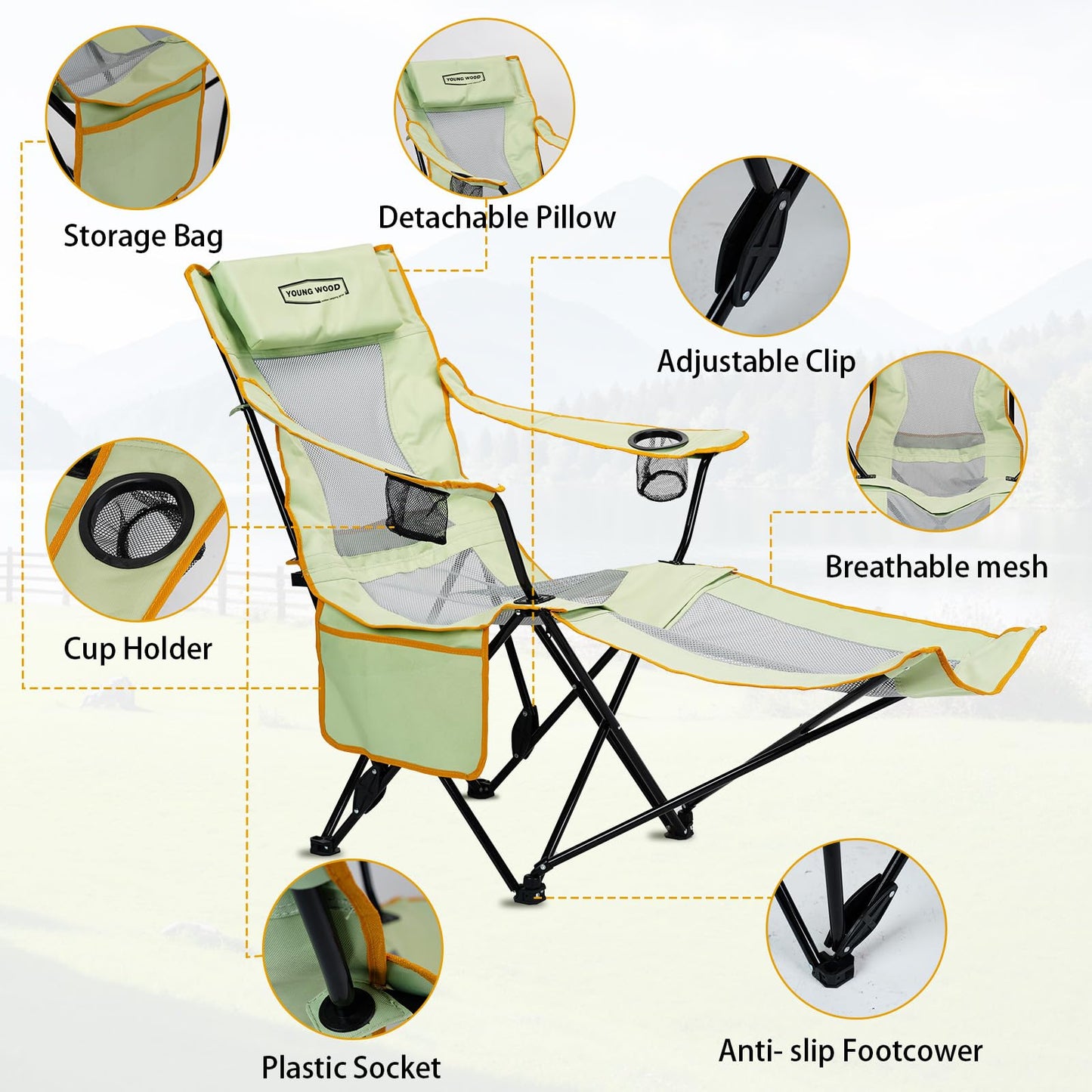 YOUNG WOOD Camping Lounge Chair, Portable Reclining Camping Chair with Foot Rest, Folding Camping Chair for Adults, Headrest & Storage Bag, Mesh Recliner with Backpack, 330lbs Weight Capacity，Green
