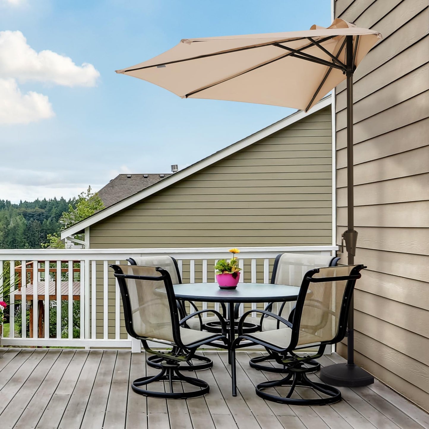JEAREY 9ft Half Umbrella Outdoor Patio Umbrella Market Umbrellas with Crank, 1/2 Round Wall Umbrella 5 Sturdy Ribs UV Protection for Pool Garden Balcony Deck, Beige