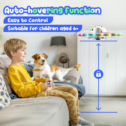Foam UFO Drone for Kids – RC Plane with Colorful LED Lights, Remote Control Helicopter with Auto Hover, 2 Batteries (15 Mins Flight)