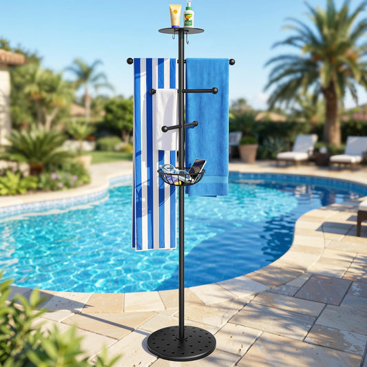 Luxspire Pool Towel Rack Outdoor, 6 Bars Outdoor Pool Towel Holder, 63 inch Heavy Duty Pool Accessories Outdoor Towel Rack with Tray and Hooks Storage for Beach, Hot Tub, Bathroom, Backyard, Black