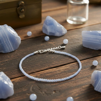 Authentic Blue Lace Agate Anklet Bracelet for Women - Lab Tested Natural Gemstone - 2mm Micro Faceted Beads - Adjustable 7 to 9 Inch Healing Crystal Foot Jewelry - Metaphysical Spiritual Gift for Peace & Throat Chakra Birthday Gift