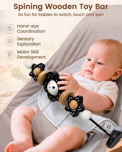 TinlyFinly Baby Bouncer Toy Bar Wooden Compatible with Baby Bjorn Bouncers, Bouncer Toy Attachment Tight and Secure Fit, So Fun to Watch, Touch and Spin for Babies All Ages (Black and White Flower)