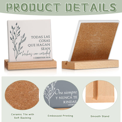 Roowest 10 Pcs Christian Gift for Mom Bible Verse Desk Decor Religious Ceramic Table Plaque Sign with Wood Stand for Women Men Mothers Day Church Graduation Party Favor(Spanish)