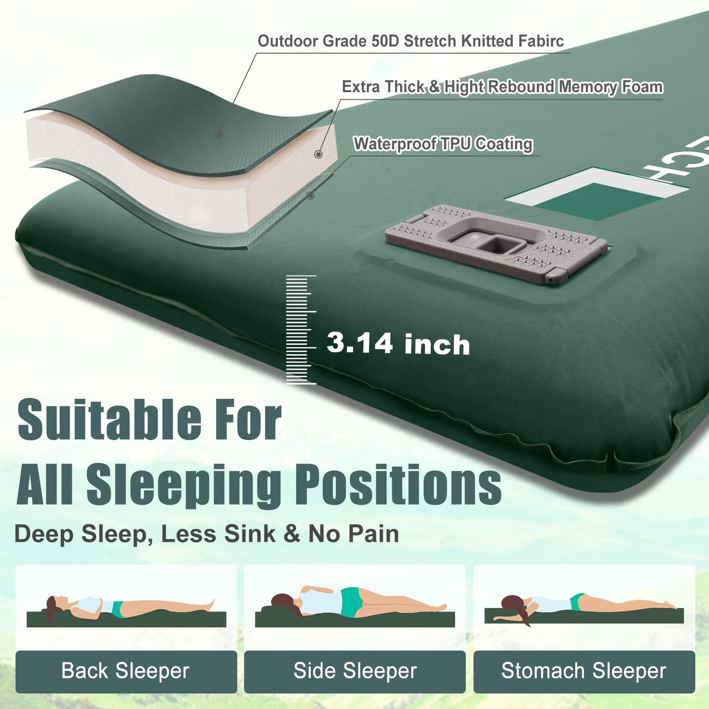 Self Inflating Sleeping Pad with Electric Pump, 3.14" Ultra-Thick Memory Foam Sleeping Mats for Camping,Easy Inflate&Deflate,9.5 R-Value Insulated Camping Mattress Pad with Pillow for Car Travel Tent