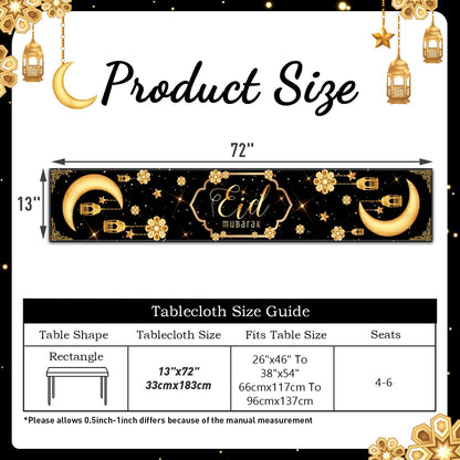 Eid Mubarak Table Runner Table Decorations,Eid Decorations for Home Black and Gold Holiday Kitchen Dining Table Runners with Moon,Star and Lantern for Islamic Table Decor Party Supplies 13 x 72 Inch