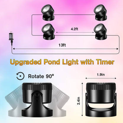 POPOSOAP Pond Lights 4-in-1 Warm White, Underwater Pond Lights with Timer/ IP68 Waterproof Submersible LED Fountain Lights for for Pond Waterfall Fountain Aquarium Garden Patio Pool(Set of 4)-P64H